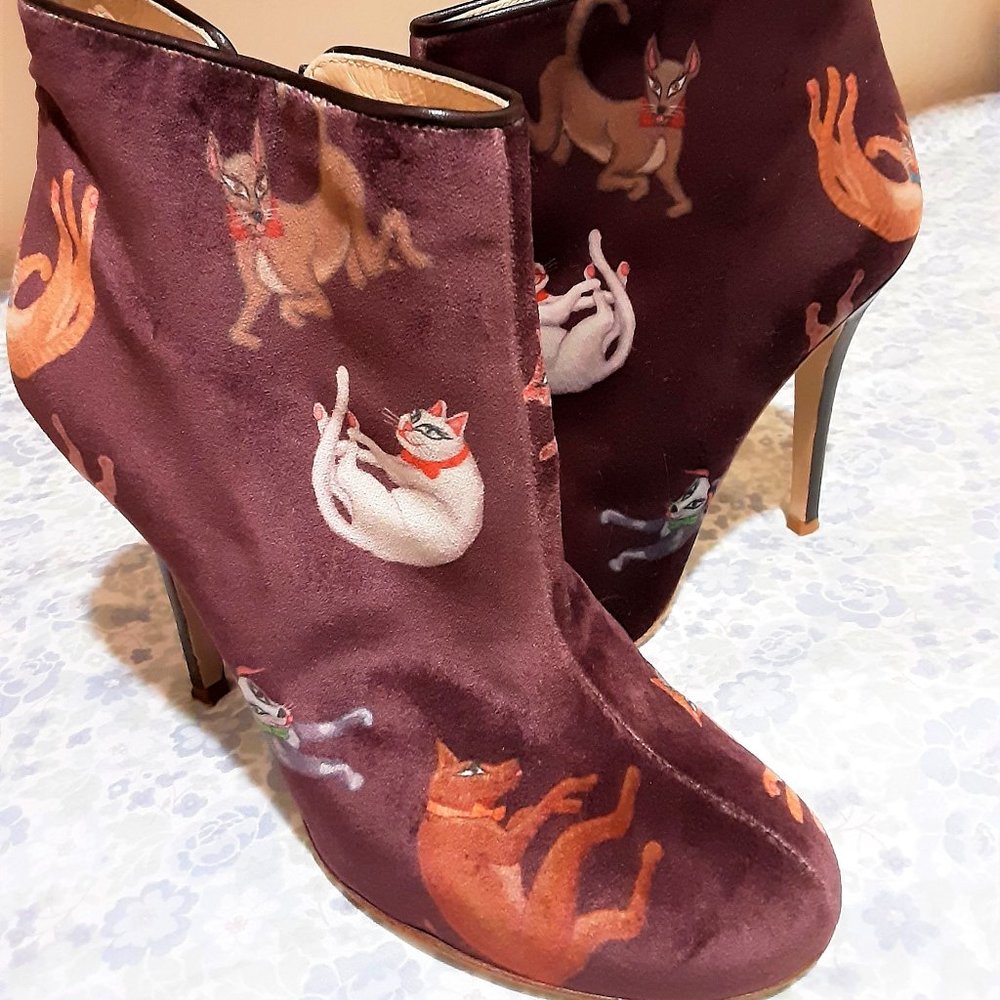 Whimsical, Rare and Wonderful Burgundy Velvet Raining Cats and Dogs Ankle Boots